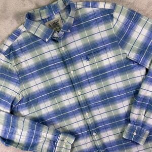 Original Penguin Men's Button Down Shirt Size L Blue Green Plaid Seersucker